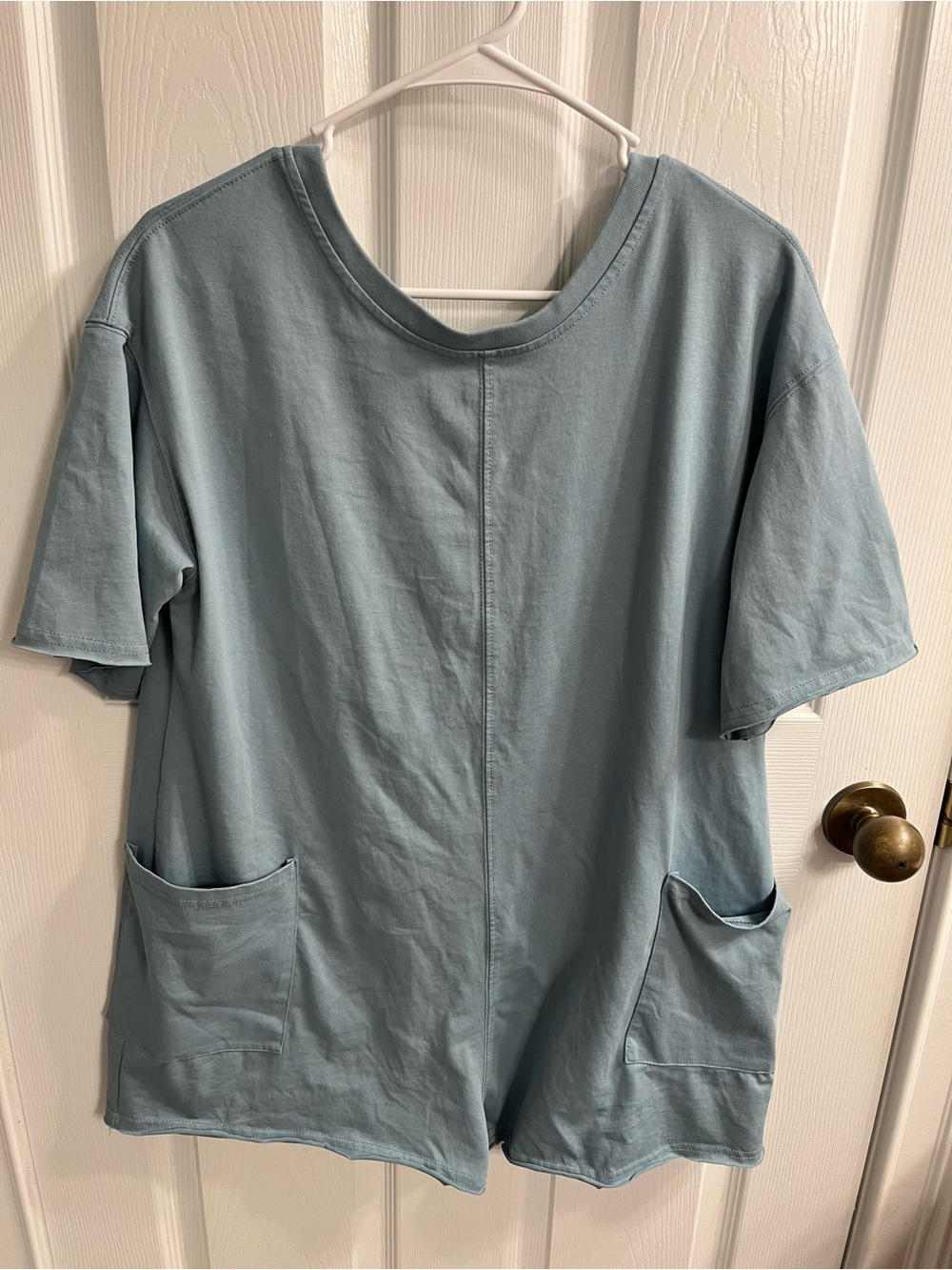 Dusty Blue-Green Short-Sleeve Oversized Romper with Pockets
